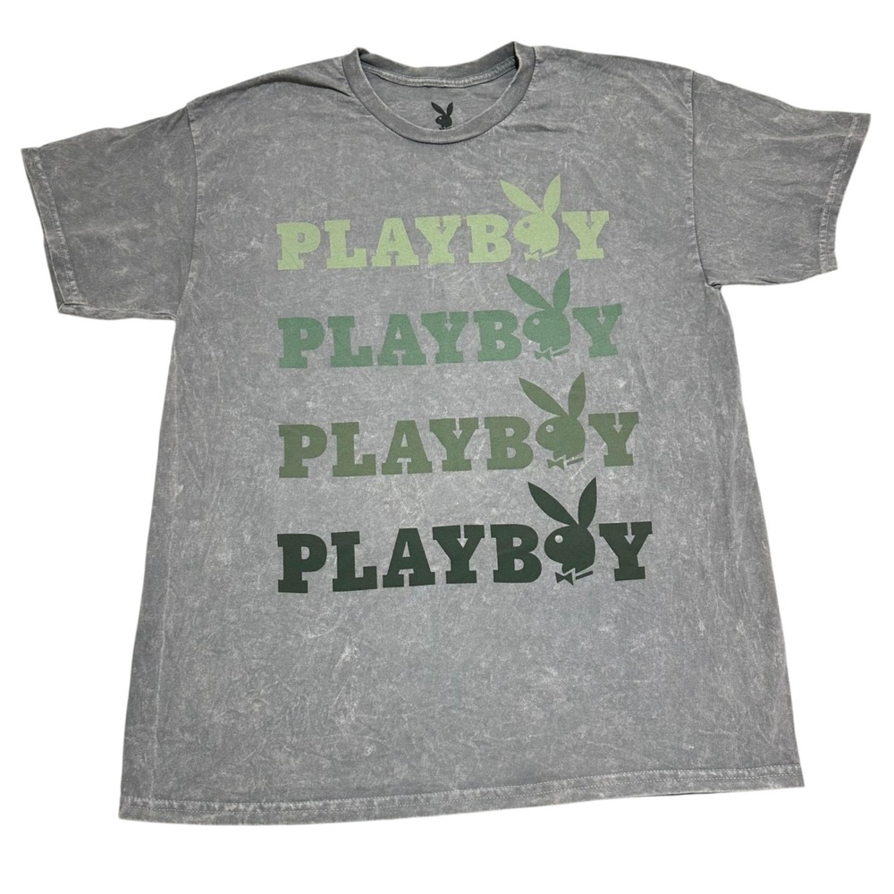 Playboy Womens‎ Large Gray Acid Wash Graphic T-Shirt Green Ombre Rabbit Logo NEW